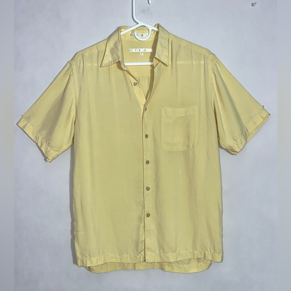 Perry Ellis 100% Silk Button Shirt Men Small Butter Yellow Short Sleeve Casual